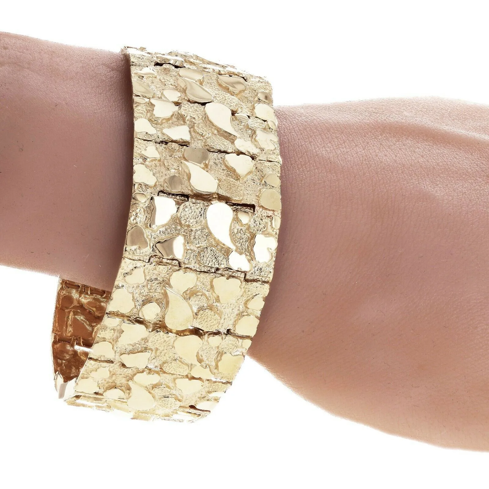 Men's 14k Yellow Gold Solid Nugget Bracelet Link 7-7.5" 31mm 91 grams