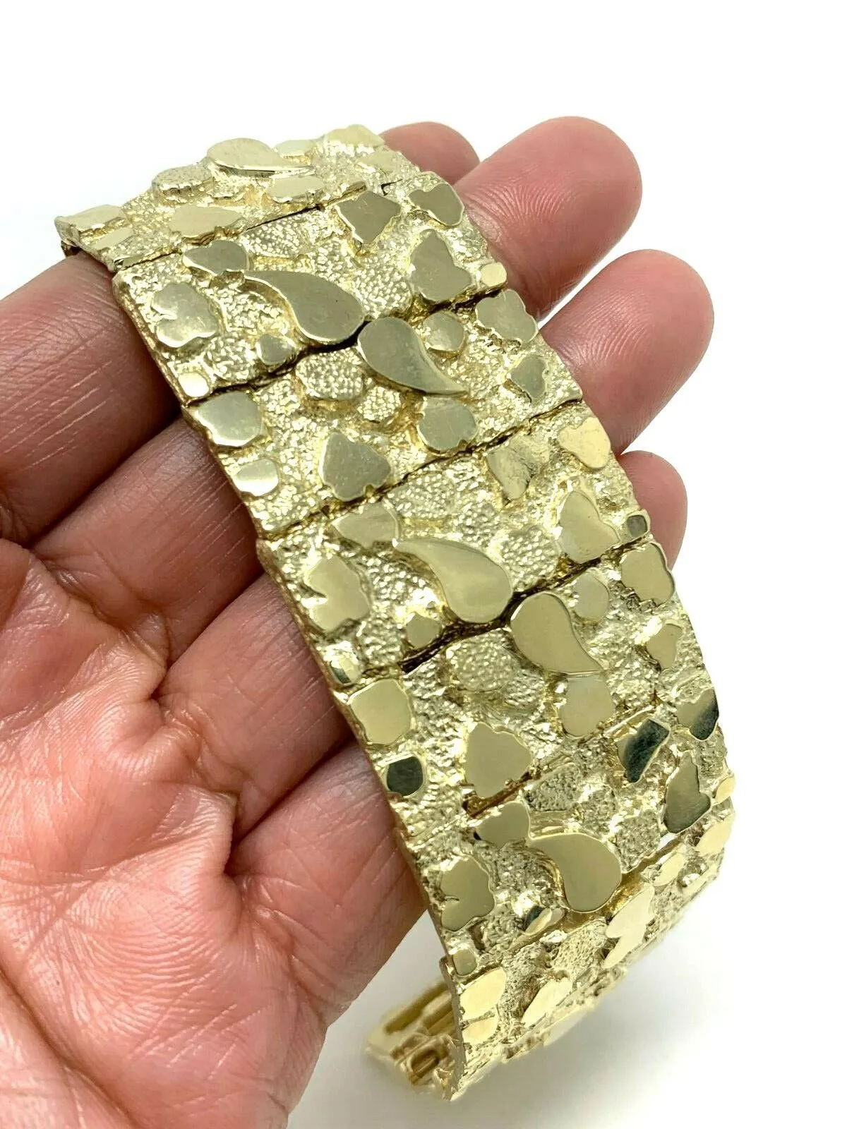 Men's 14k Yellow Gold Solid Nugget Bracelet Link 7-7.5" 31mm 91 grams