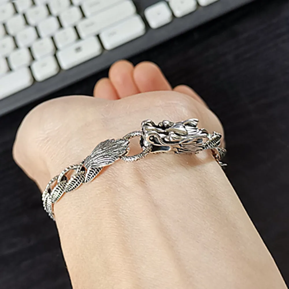 Men's Real Solid 925 Sterling Silver Bracelets Jewelry Dragon Animals Cuban Link Chain 7.7"