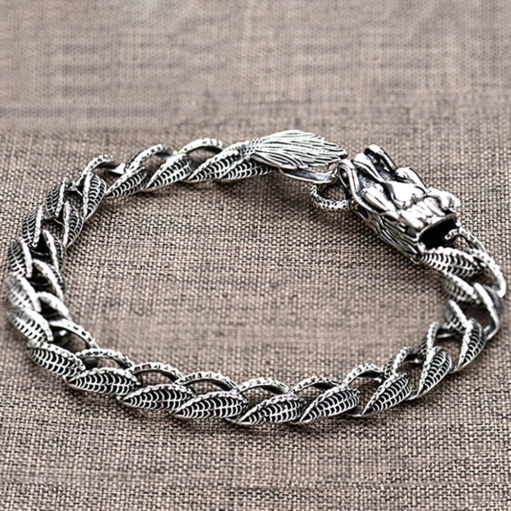 Men's Real Solid 925 Sterling Silver Bracelets Jewelry Dragon Animals Cuban Link Chain 7.7"