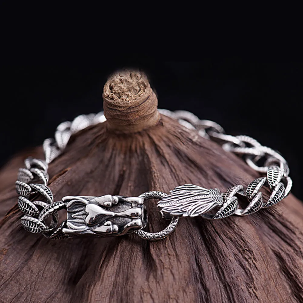 Men's Real Solid 925 Sterling Silver Bracelets Jewelry Dragon Animals Cuban Link Chain 7.7"
