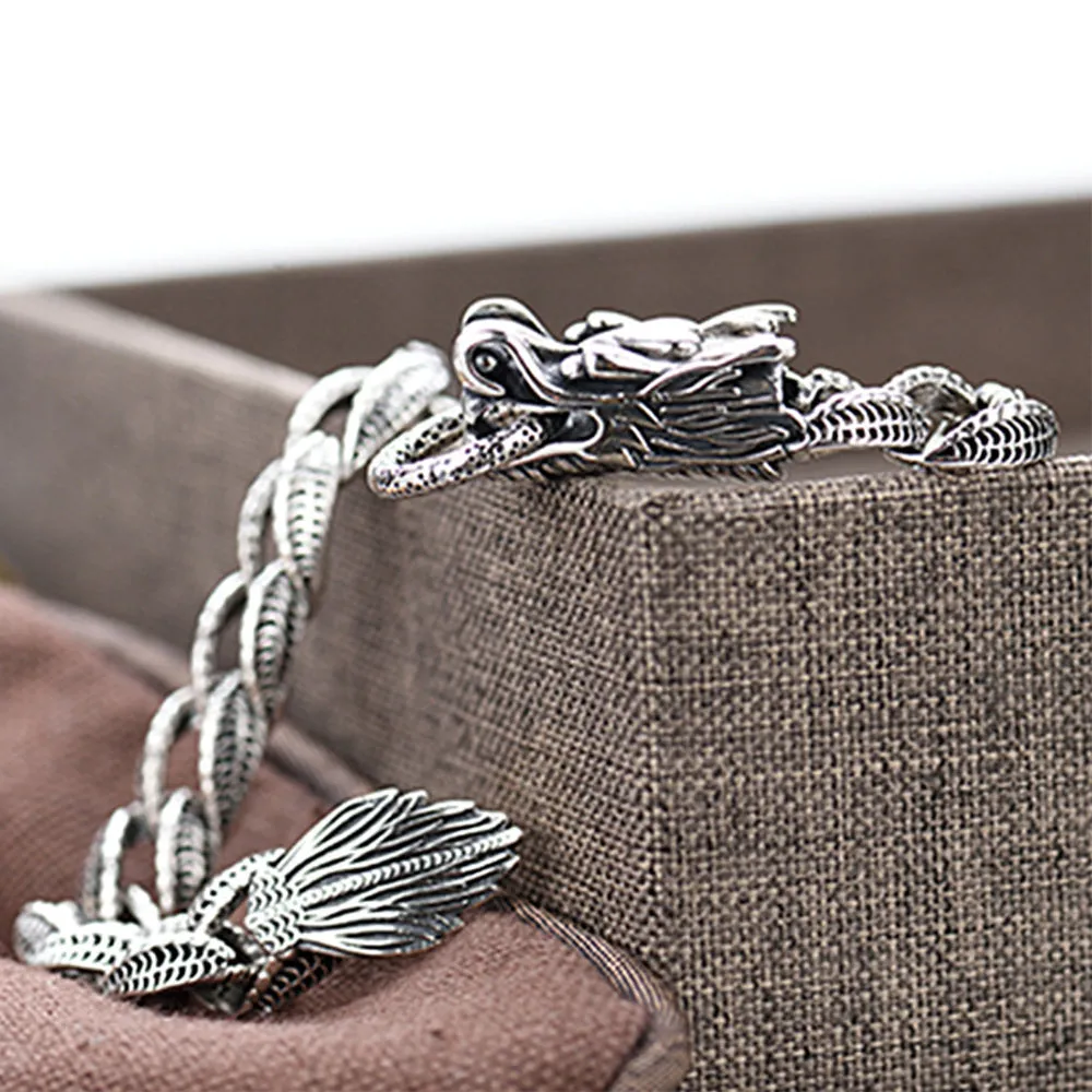 Men's Real Solid 925 Sterling Silver Bracelets Jewelry Dragon Animals Cuban Link Chain 7.7"