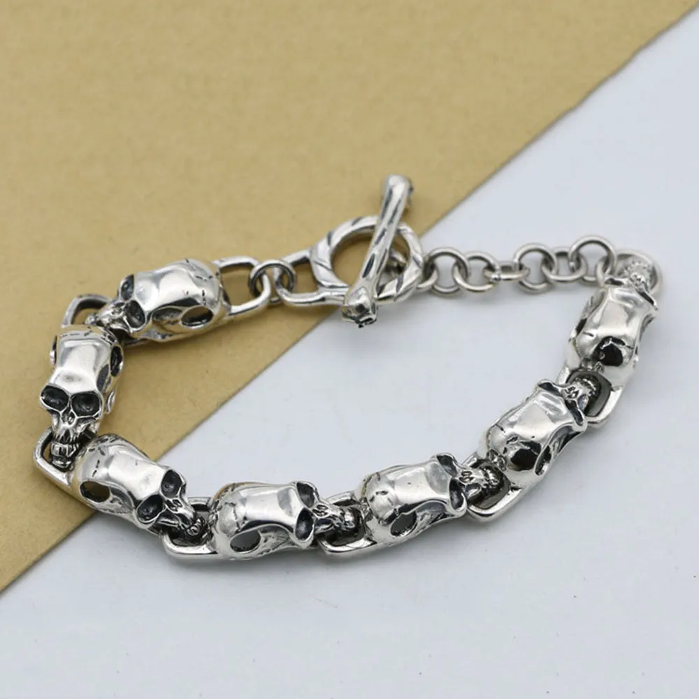 Mens Women‘s Real 925 Sterling Silver Bracelets Link Skulls TO-Buckle 7.1"-9.4"