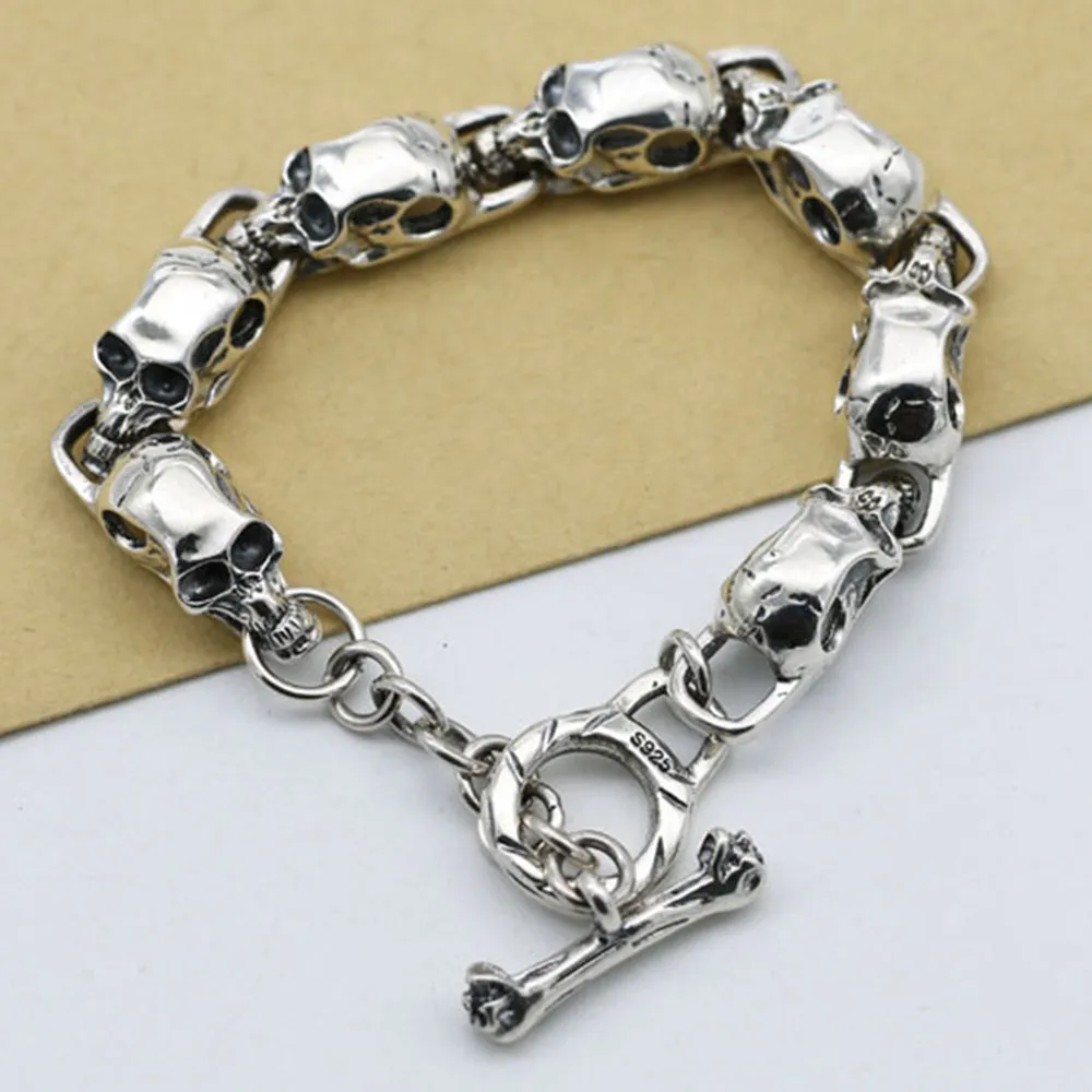 Mens Women‘s Real 925 Sterling Silver Bracelets Link Skulls TO-Buckle 7.1"-9.4"