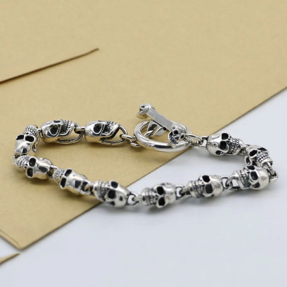 Mens Women‘s Real 925 Sterling Silver Bracelets Link Skulls TO-Buckle 7.1"-9.4"