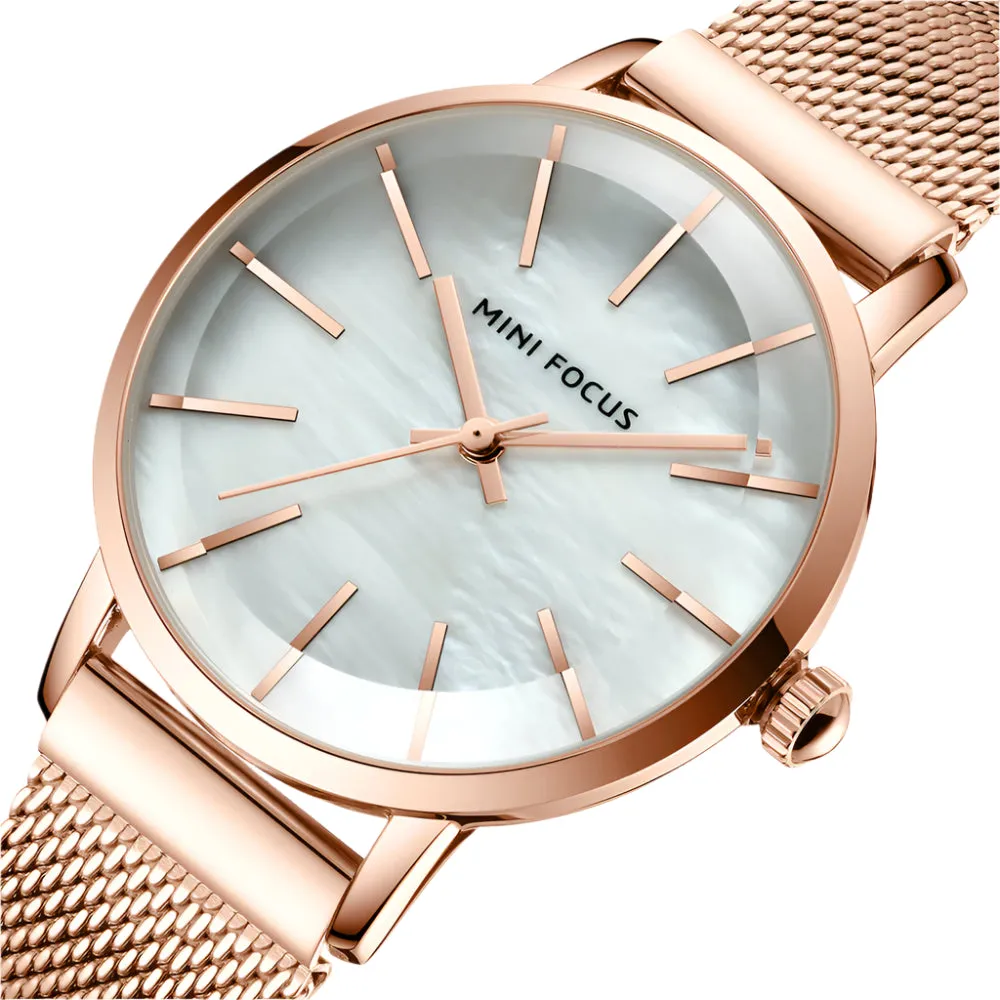 Mini Focus Rose Gold Mesh Bracelet Mother Of Pearl Dial Quartz Watch for Ladies - MF0257L-05