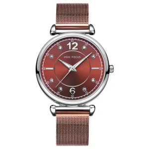 Mini Focus Rose Gold Mesh Bracelet Red Dial Quartz Watch for Ladies - MF0177L-03