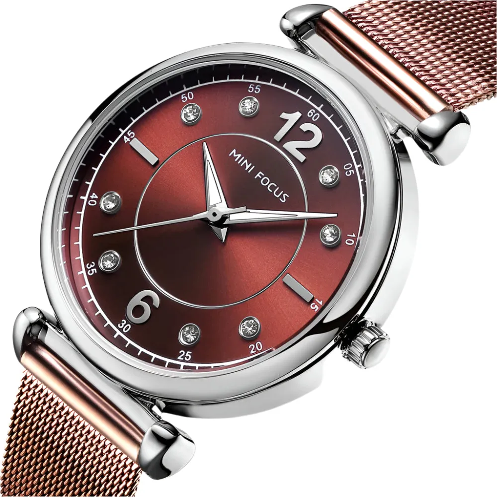 Mini Focus Rose Gold Mesh Bracelet Red Dial Quartz Watch for Ladies - MF0177L-03