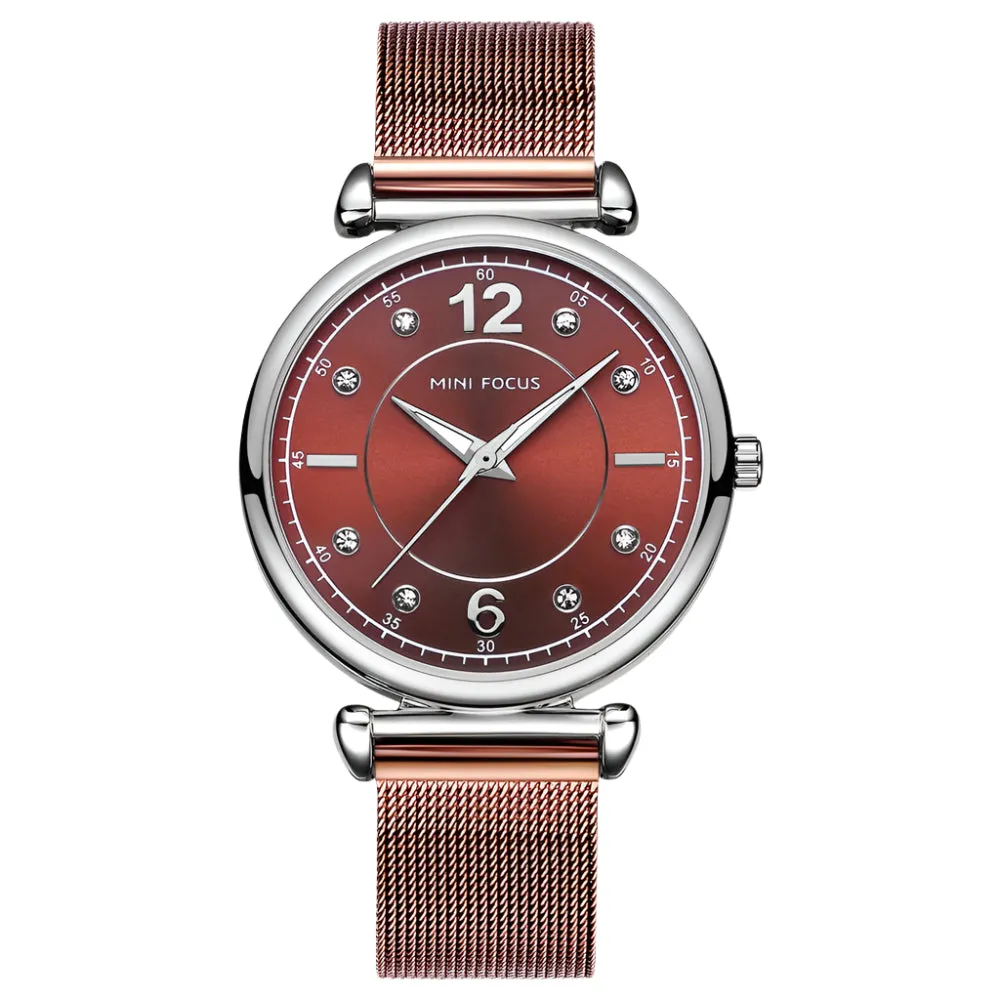 Mini Focus Rose Gold Mesh Bracelet Red Dial Quartz Watch for Ladies - MF0177L-03