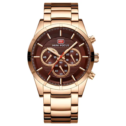 Mini Focus Rose Gold Stainless Steel Brown Dial Chronograph Quartz Watch for Gents - MF0170G-04