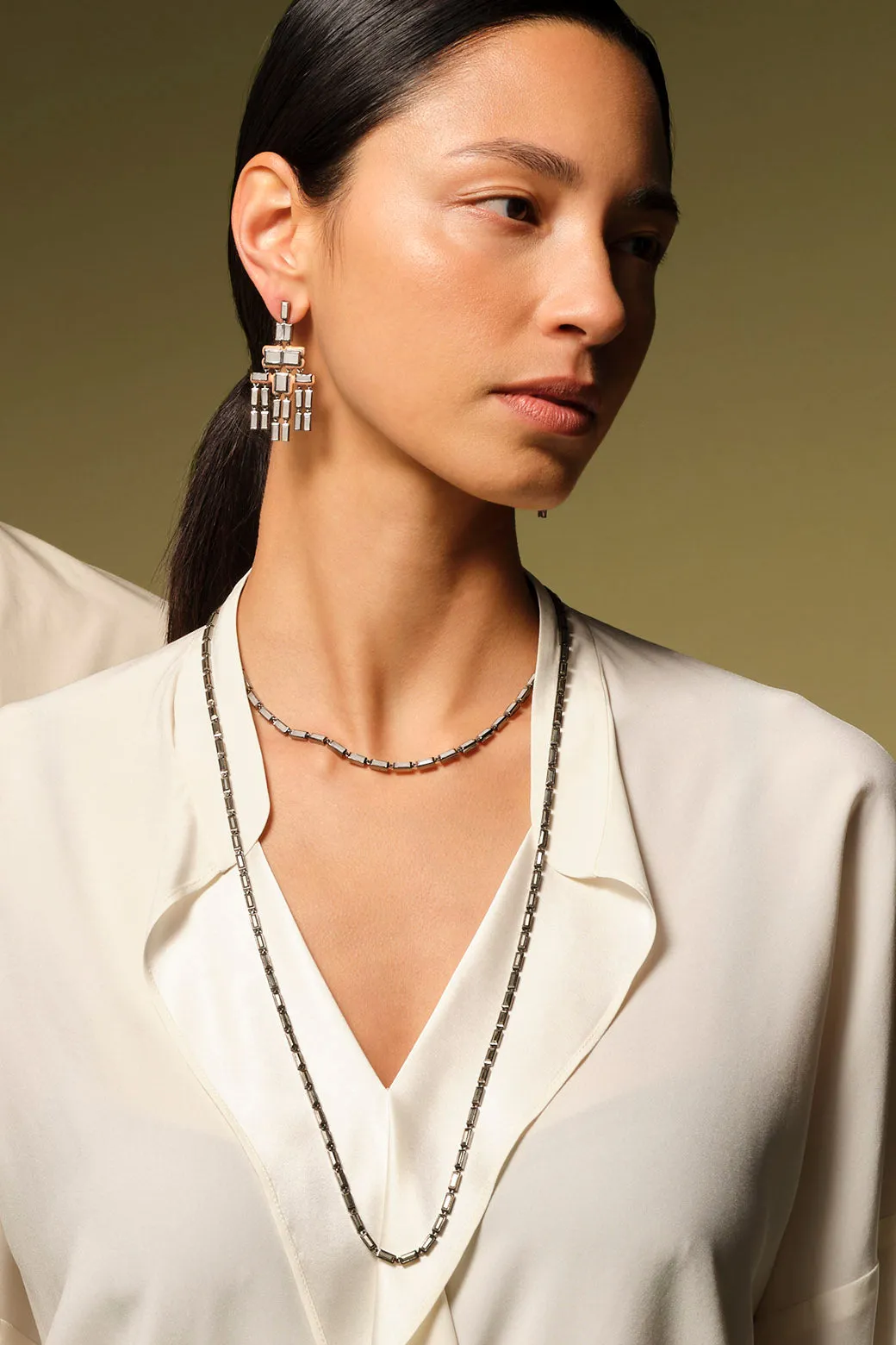 Mini Linear Baguette Tile Opera Necklace - Pyrite