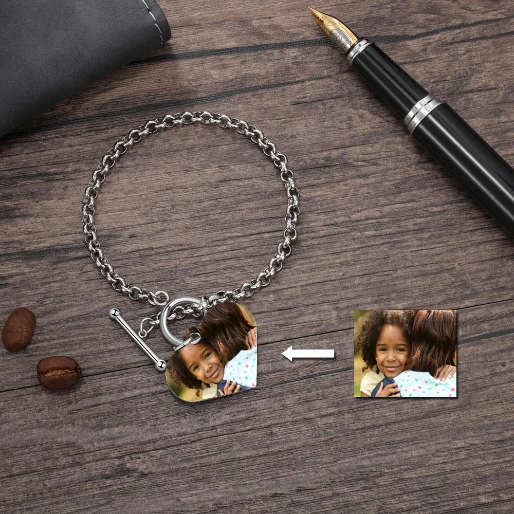 Minimalist Heart Photo Bracelet Toggle Clasp Cuff Bracelet Custom Photo Bracelets