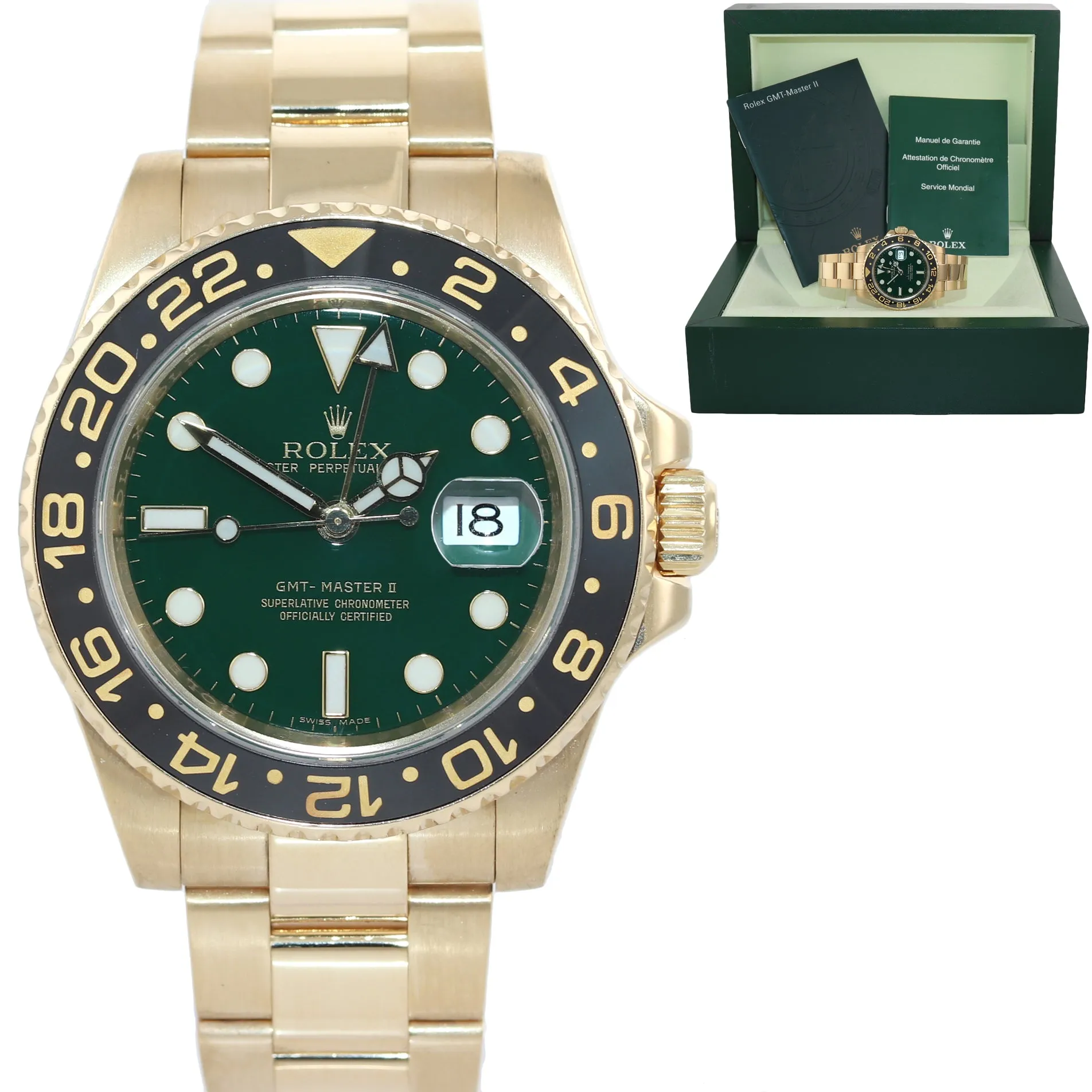 MINT Rolex GMT-Master 2 Ceramic Green Error Stick 116718 18k Yellow Gold Watch