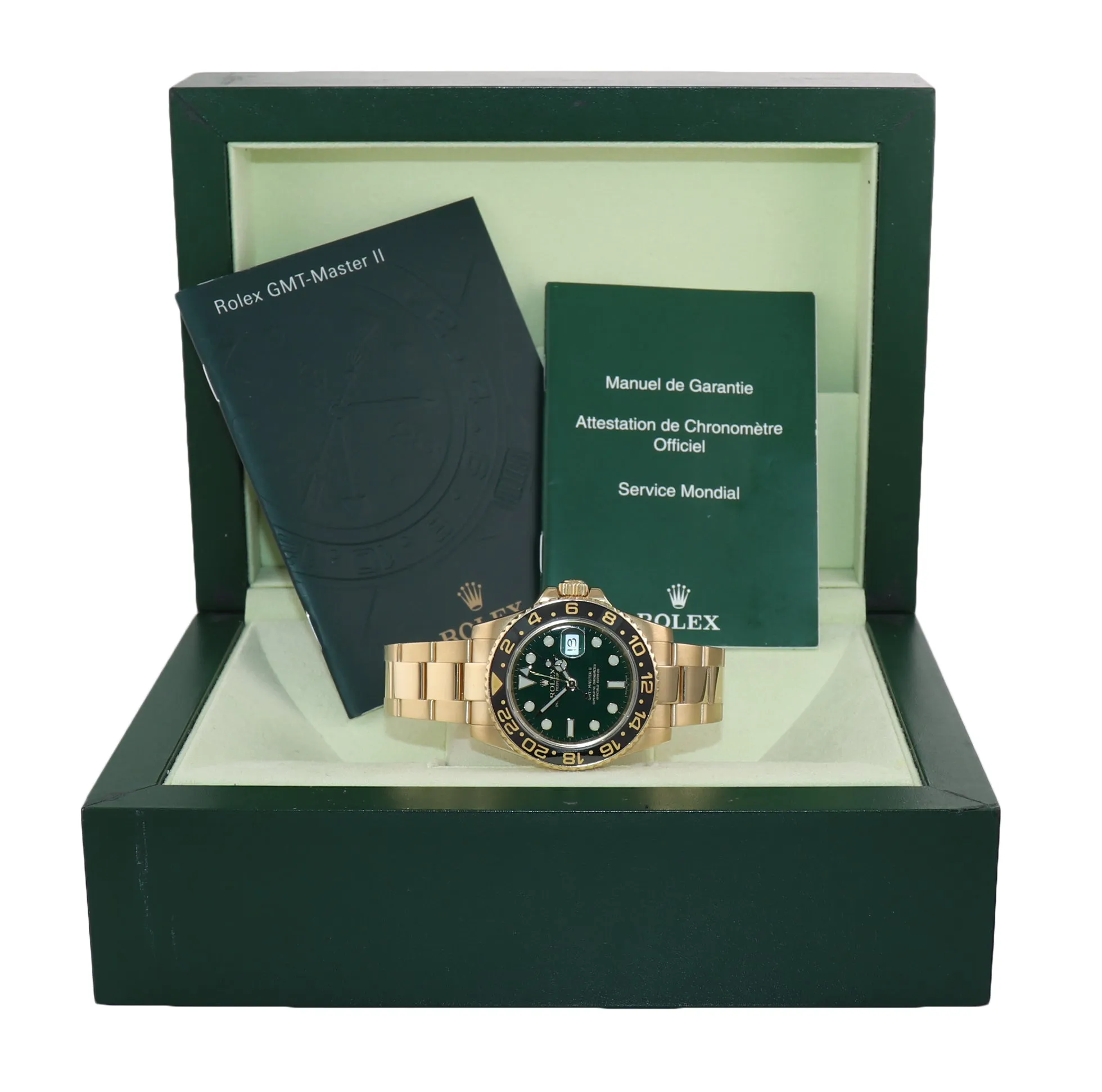 MINT Rolex GMT-Master 2 Ceramic Green Error Stick 116718 18k Yellow Gold Watch