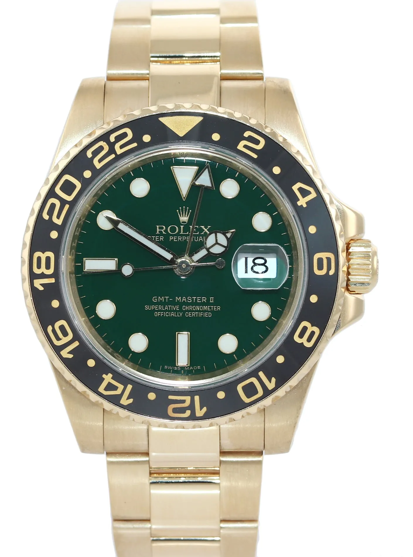 MINT Rolex GMT-Master 2 Ceramic Green Error Stick 116718 18k Yellow Gold Watch