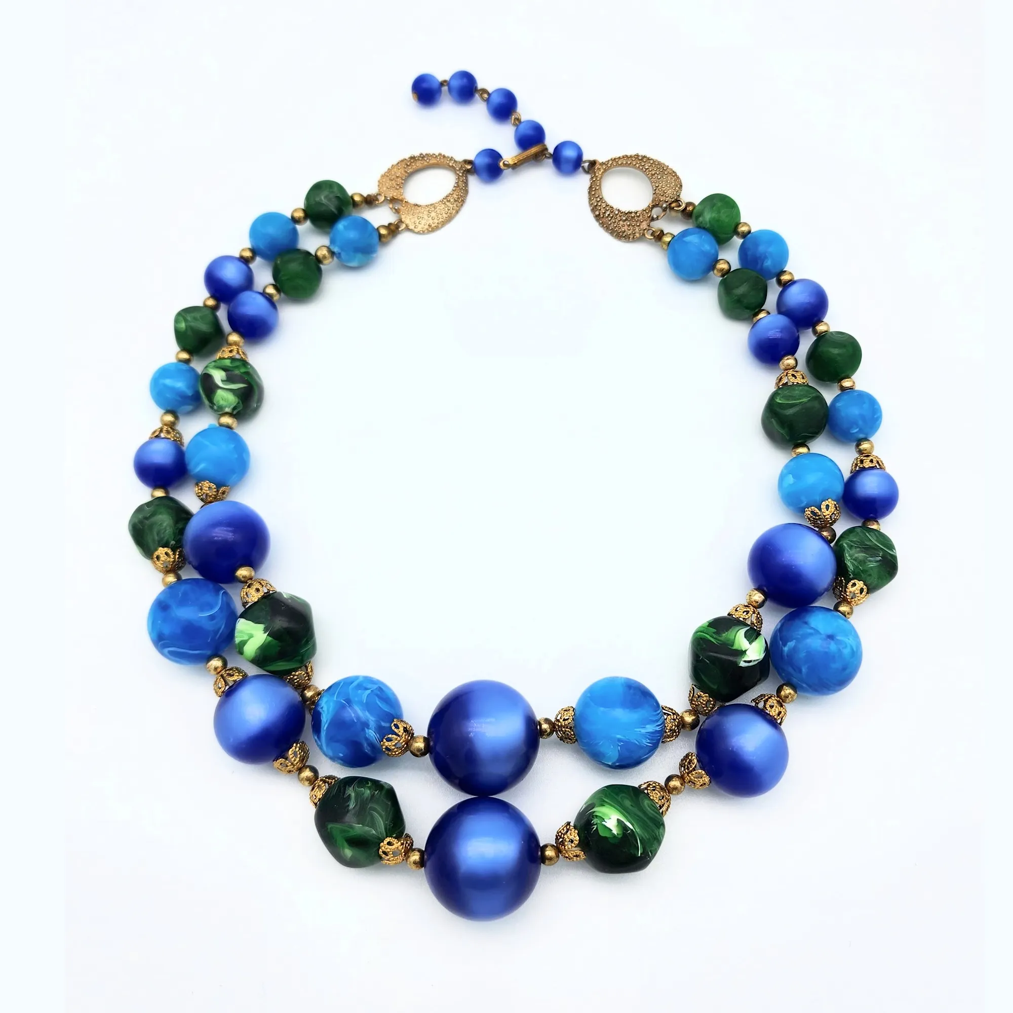 Moonglow Vintage Beaded Necklace with Filigree Bead Caps