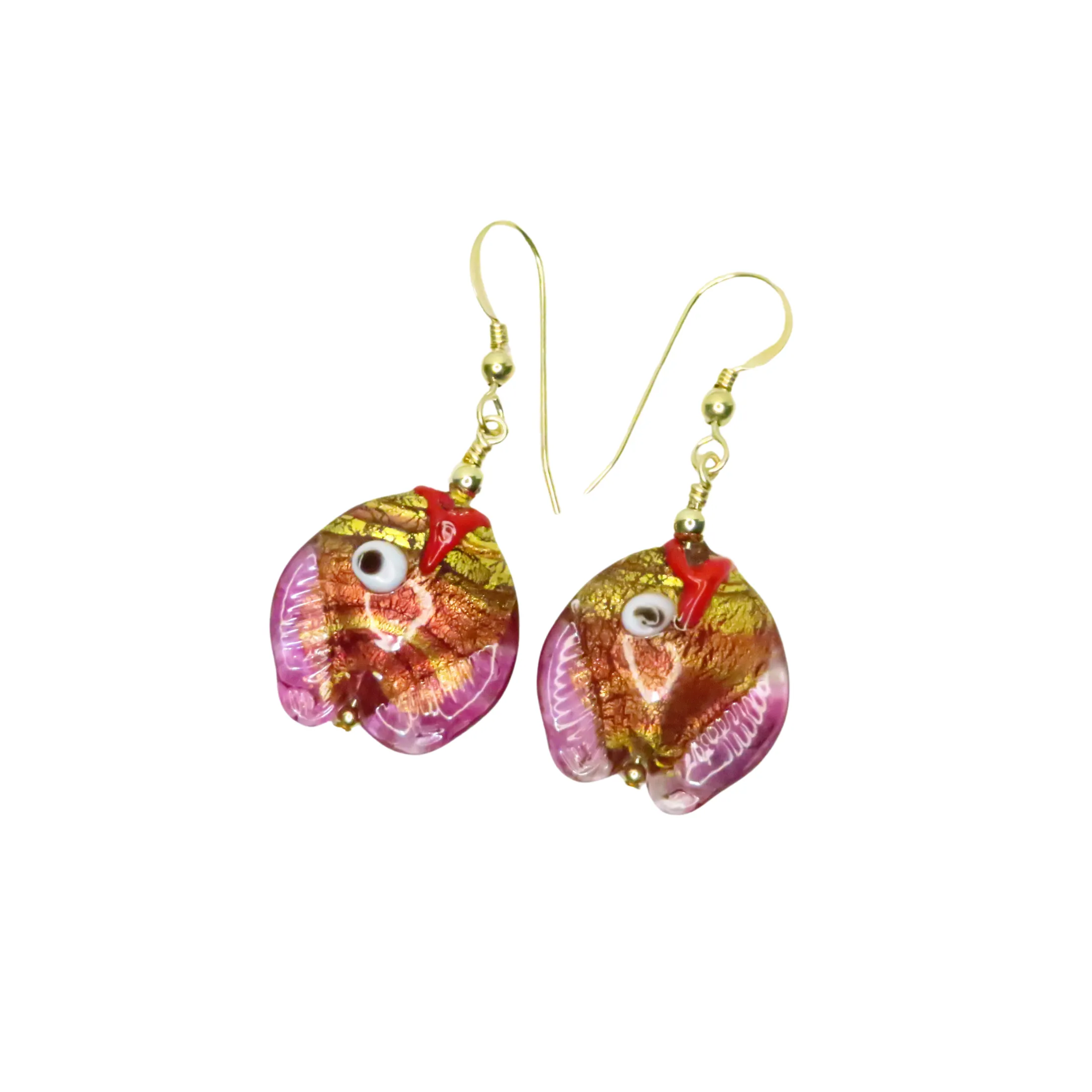 Murano Glass Pink Fish Gold Earrings - Gold Filled Findings