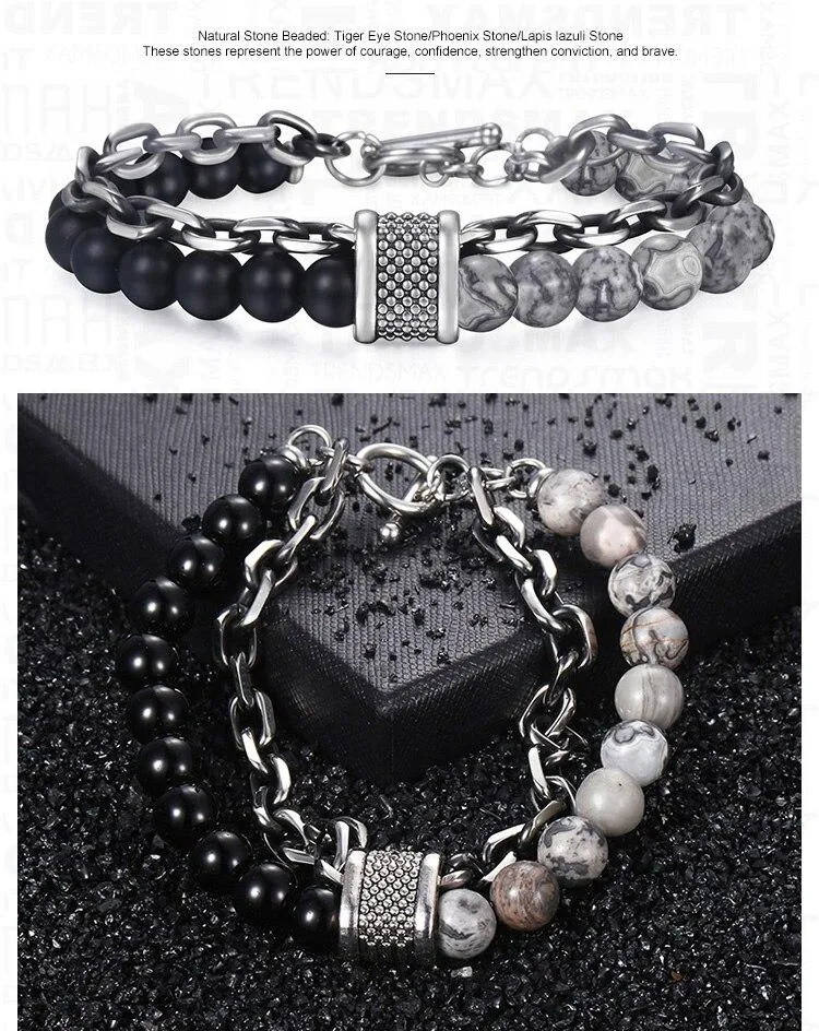 Natural Tiger Eye Stone Bracelet Men Stainless Steel Beaded Bracelets