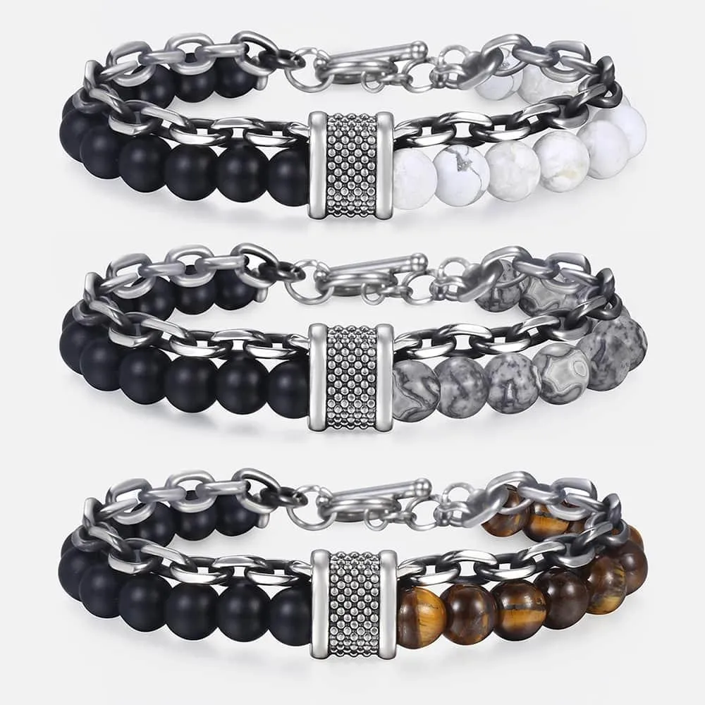 Natural Tiger Eye Stone Bracelet Men Stainless Steel Beaded Bracelets