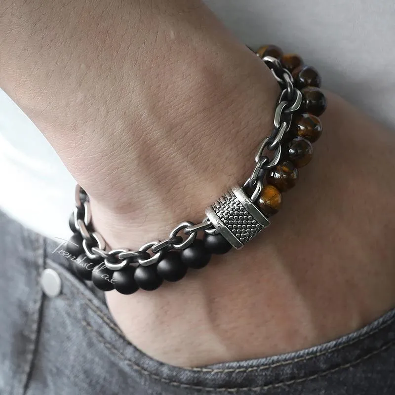 Natural Tiger Eye Stone Bracelet Men Stainless Steel Beaded Bracelets