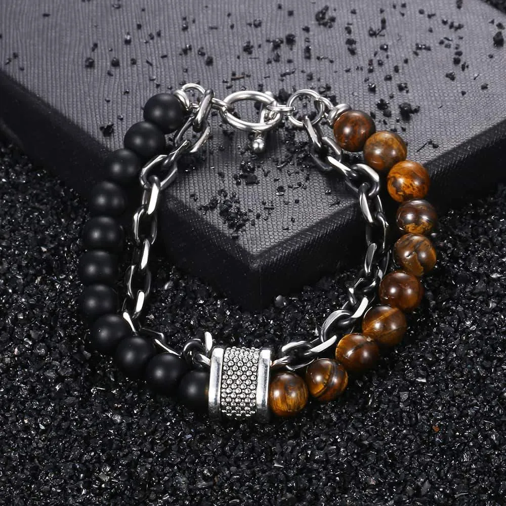 Natural Tiger Eye Stone Bracelet Men Stainless Steel Beaded Bracelets
