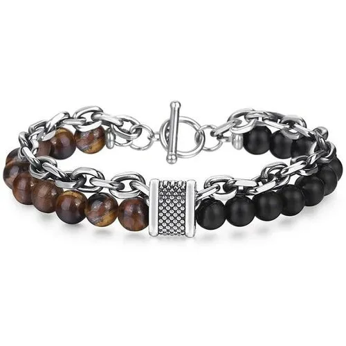 Natural Tiger Eye Stone Bracelet Men Stainless Steel Beaded Bracelets