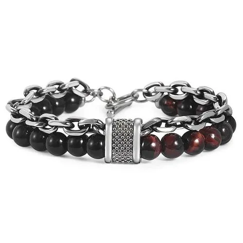 Natural Tiger Eye Stone Bracelet Men Stainless Steel Beaded Bracelets