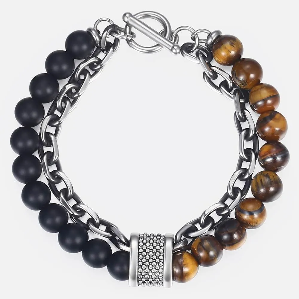 Natural Tiger Eye Stone Bracelet Men Stainless Steel Beaded Bracelets