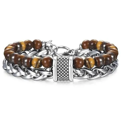 Natural Tiger Eye Stone Bracelet Men Stainless Steel Beaded Bracelets
