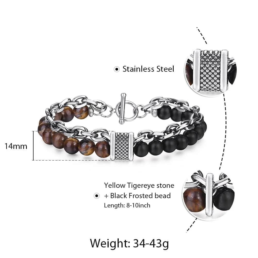 Natural Tiger Eye Stone Bracelet Men Stainless Steel Beaded Bracelets