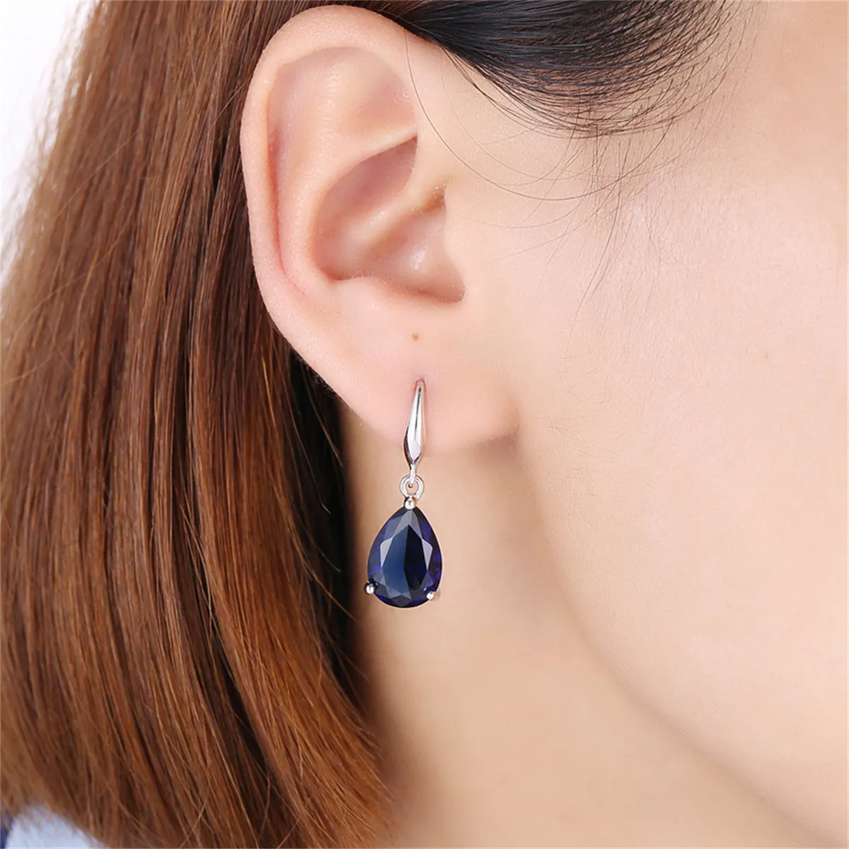 Navy Crystal & Silver-Plated Pear-Cut Drop Earrings
