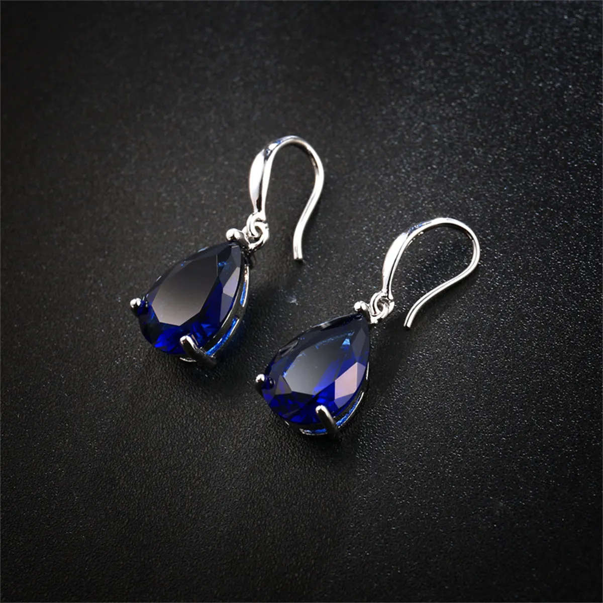 Navy Crystal & Silver-Plated Pear-Cut Drop Earrings