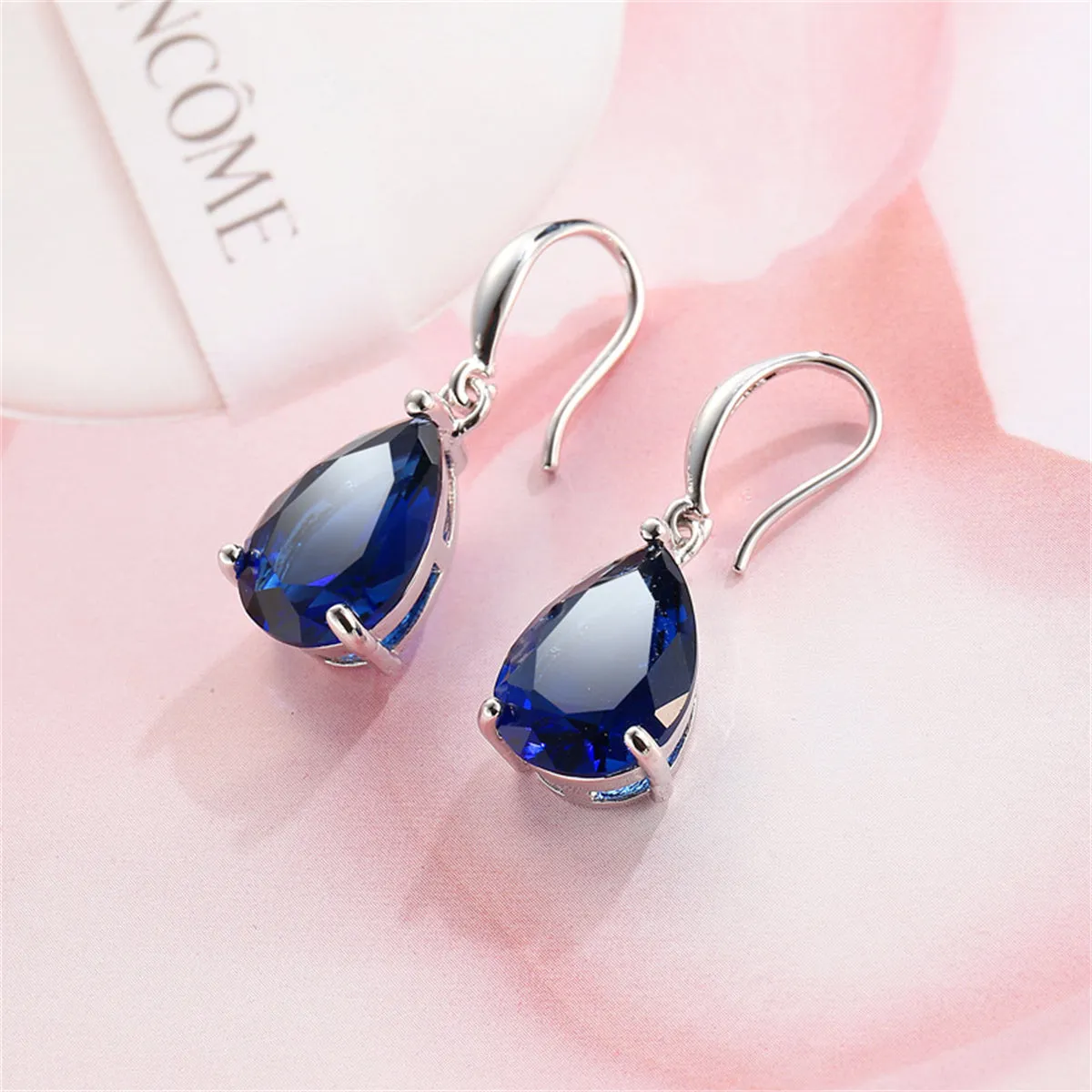 Navy Crystal & Silver-Plated Pear-Cut Drop Earrings