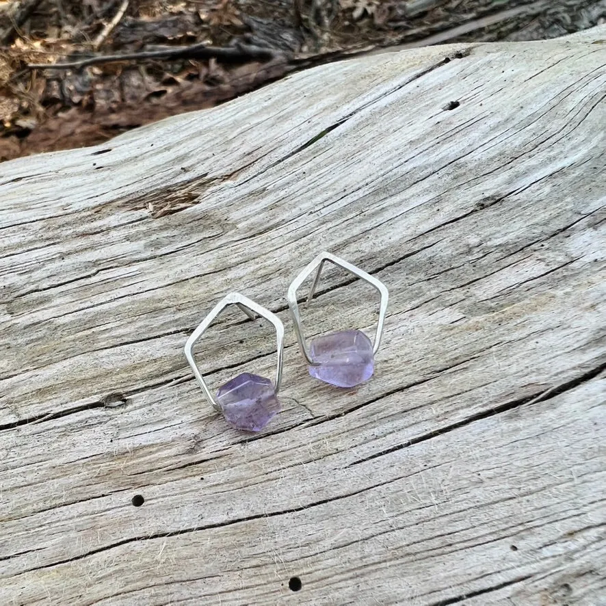 New Pentagonal Post Earrings with Healing Gemstones