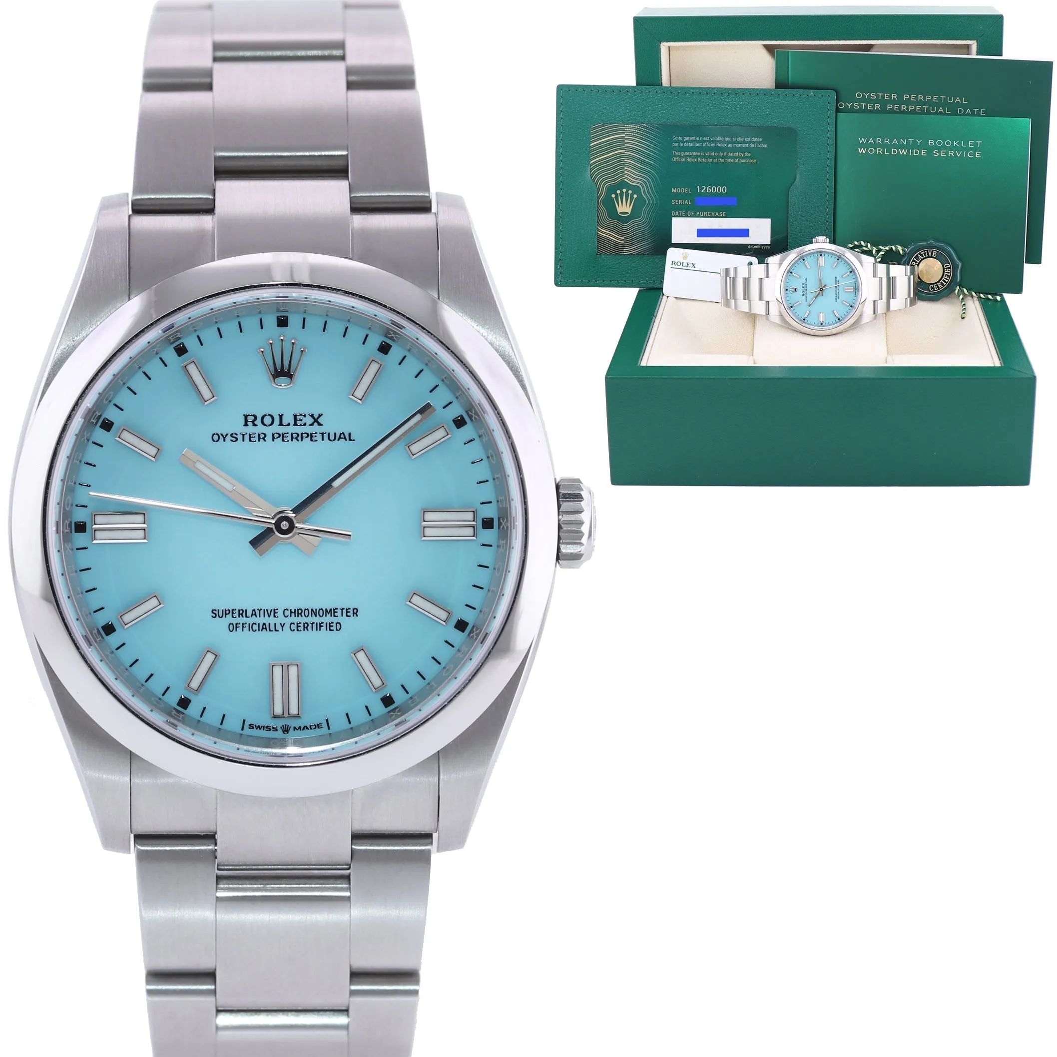 NEW SEPT 2022 PAPERS Rolex Oyster 126000 Perpetual 36mm TIFFANY BLUE Watch
