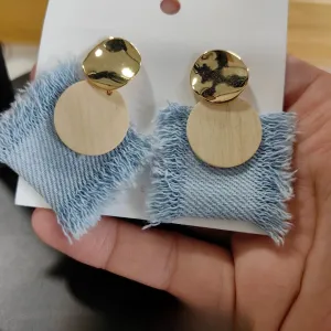 Original Denim and Gold Earrings with Frayed Edges and Leather Circle Design - Elegant, Trendy, and Sophisticated, Casual and Special Occasions for Women