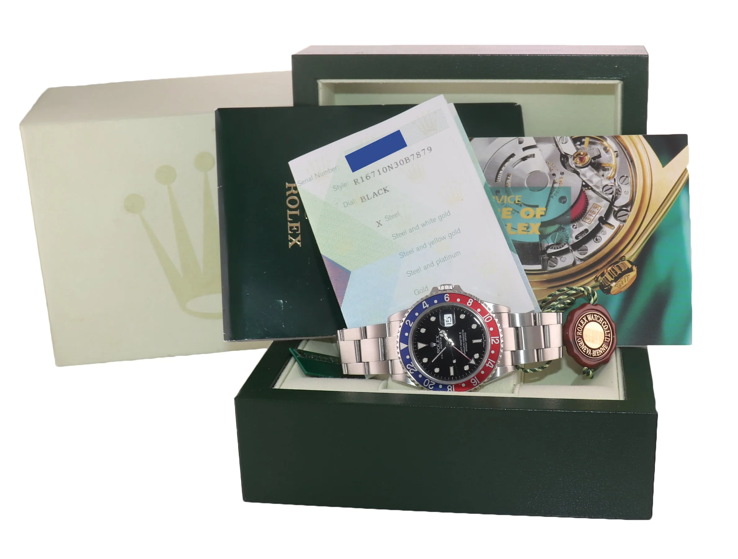 PAPERS 2005 Rolex GMT-Master 2 Pepsi 40mm Steel 16710 NO HOLES Black Watch Box