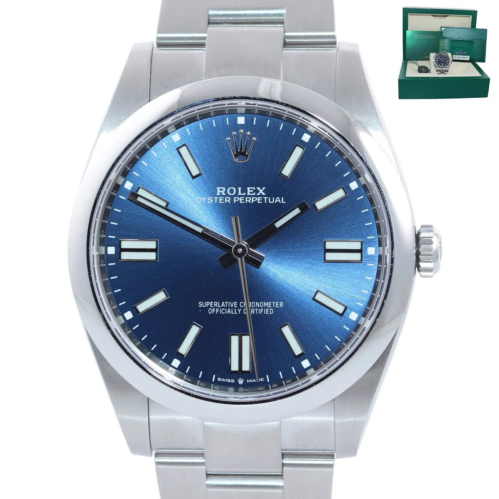 PAPERS Rolex Oyster Perpetual 41mm Blue Stick Oyster Watch 124300 Box