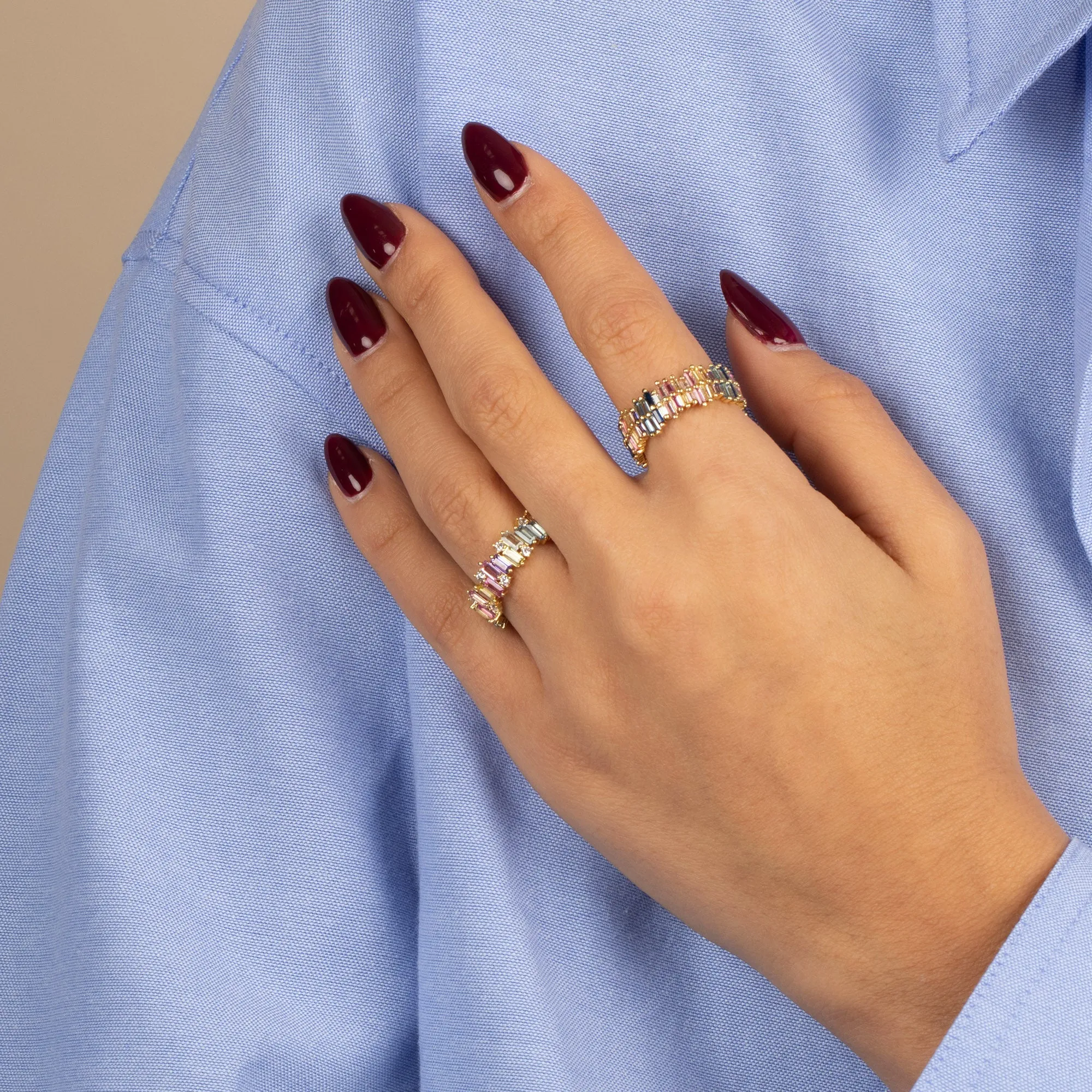 Pastel Solitaire X Baguette Band Ring