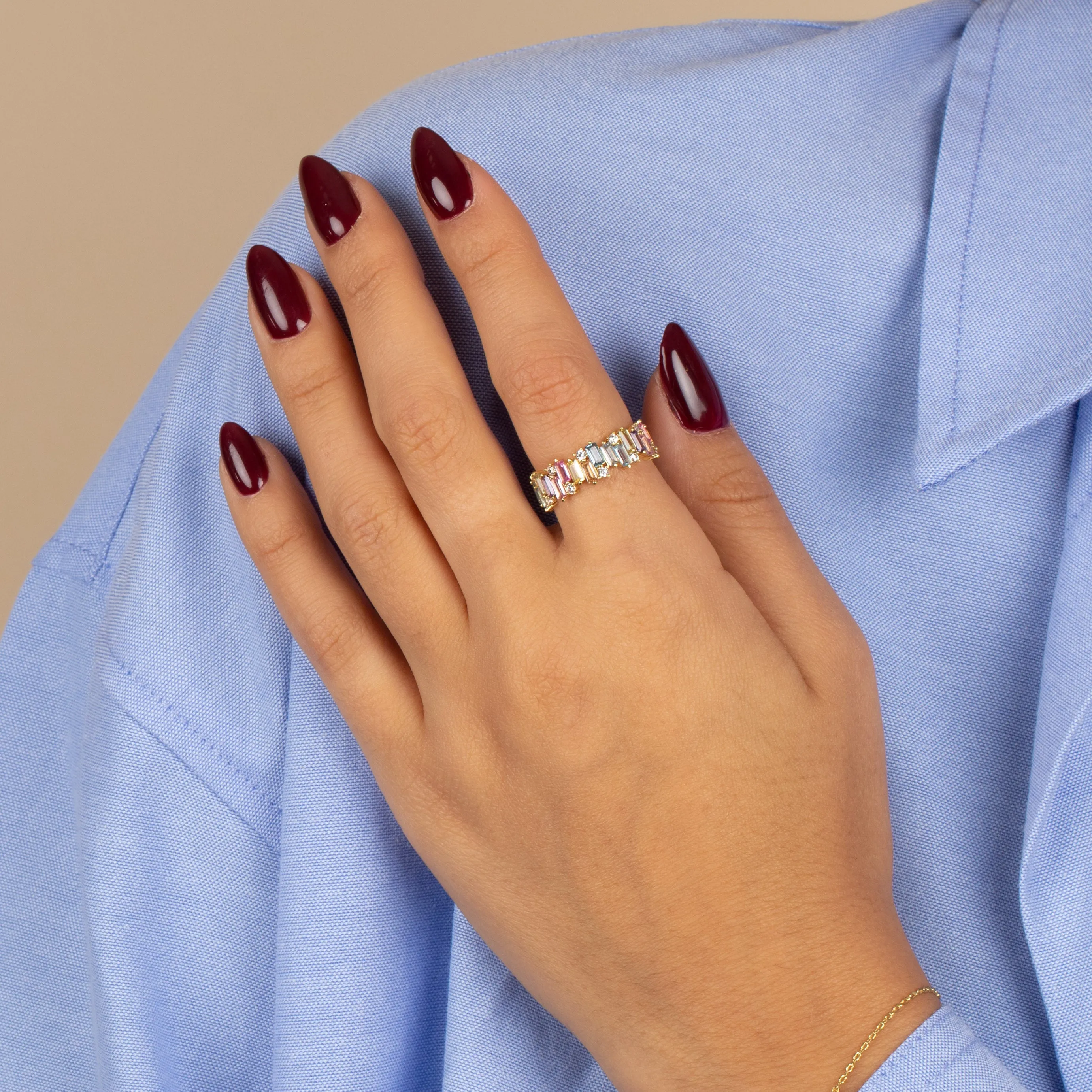 Pastel Solitaire X Baguette Band Ring