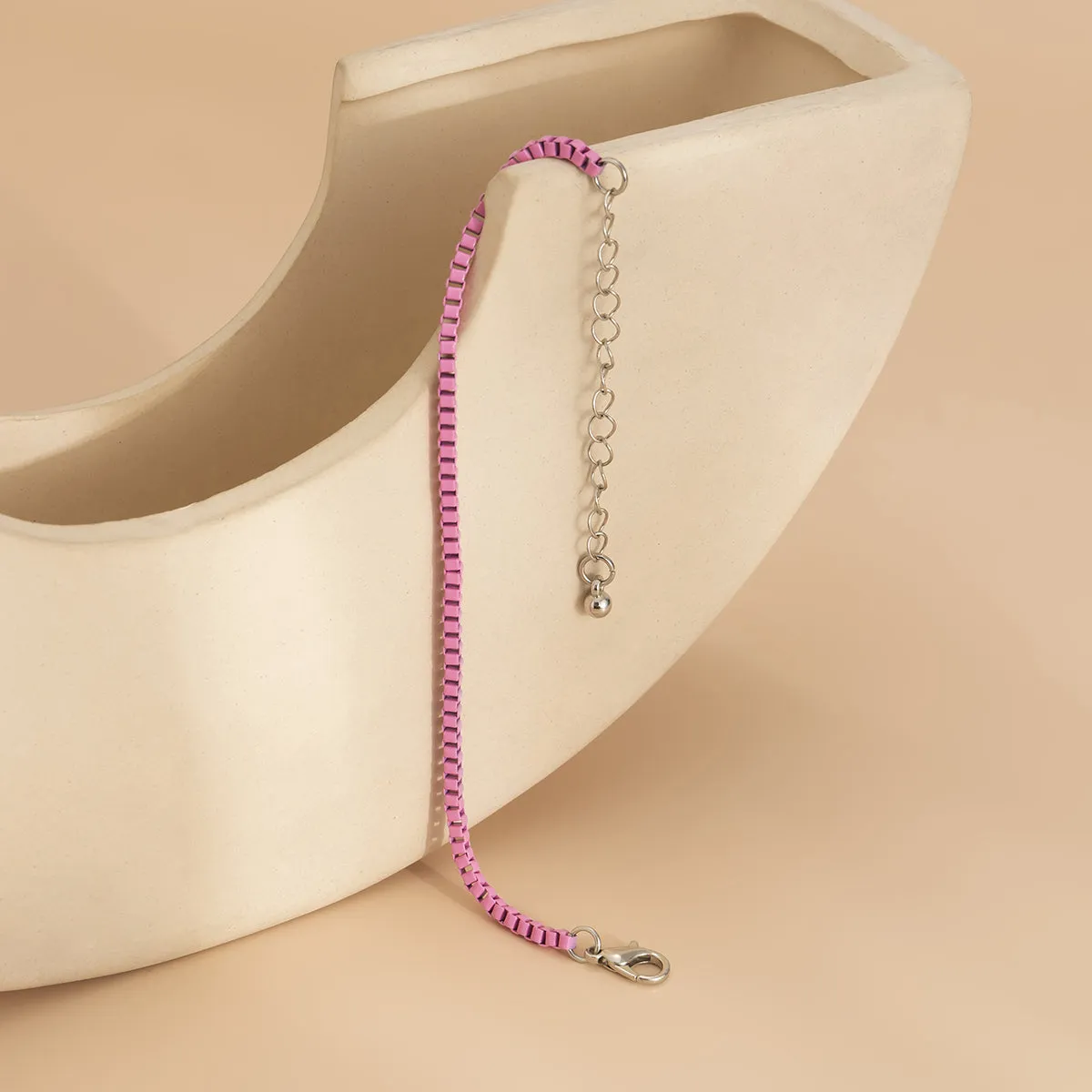 Pink Enamel & Silver-Plated Box Chain Bracelet