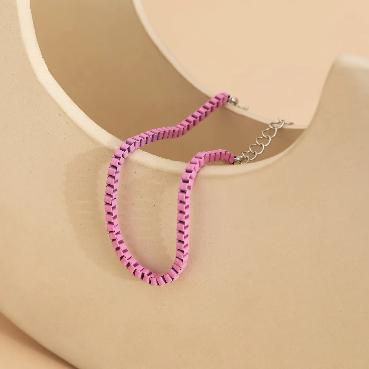 Pink Enamel & Silver-Plated Box Chain Bracelet