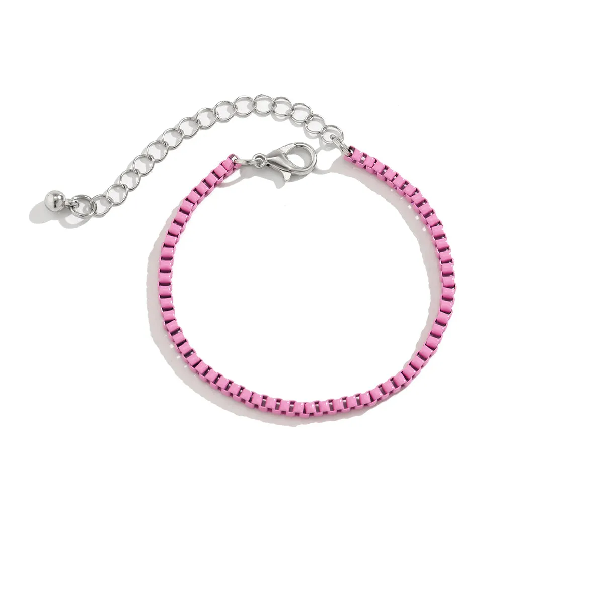 Pink Enamel & Silver-Plated Box Chain Bracelet