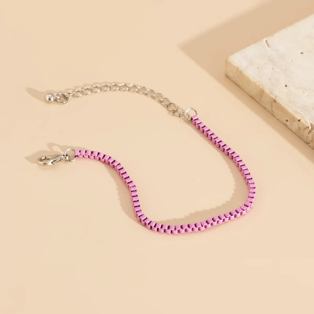 Pink Enamel & Silver-Plated Box Chain Bracelet