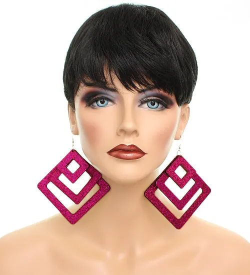 Pink Triple Wooden Glitter Earrings