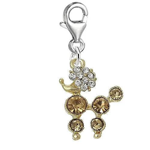 Poodle Dog With Champagne Crystals Clip on Pendant Charm for Bracelet or Necklace