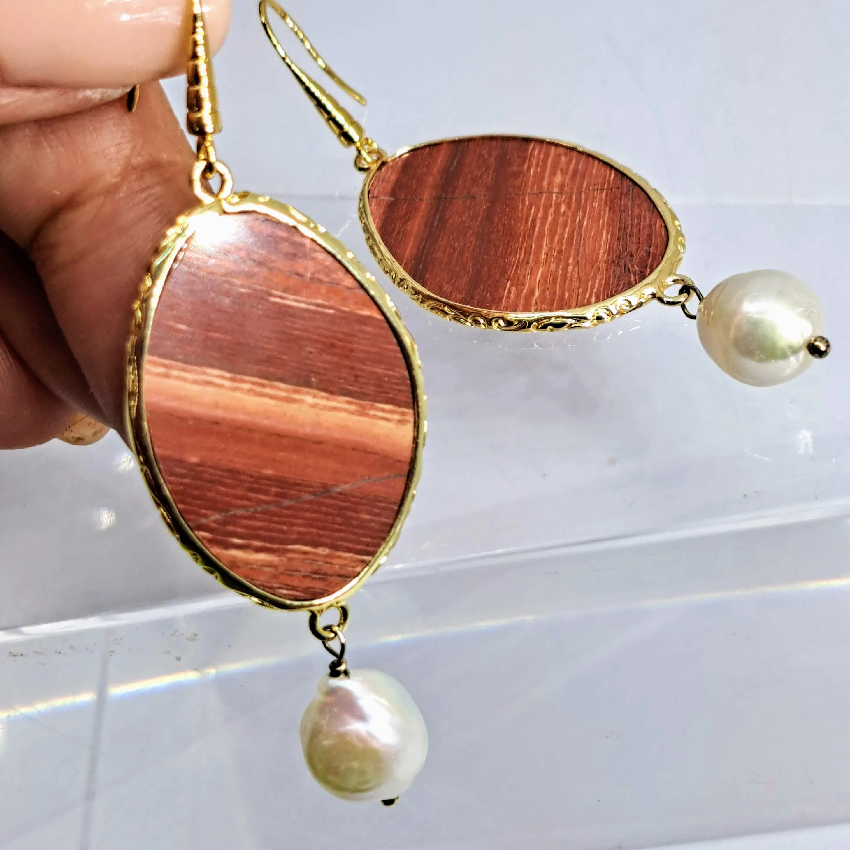"Brick- House" 3.25" Earrings - Red Jasper, Baroque Pearls, Gold Filled