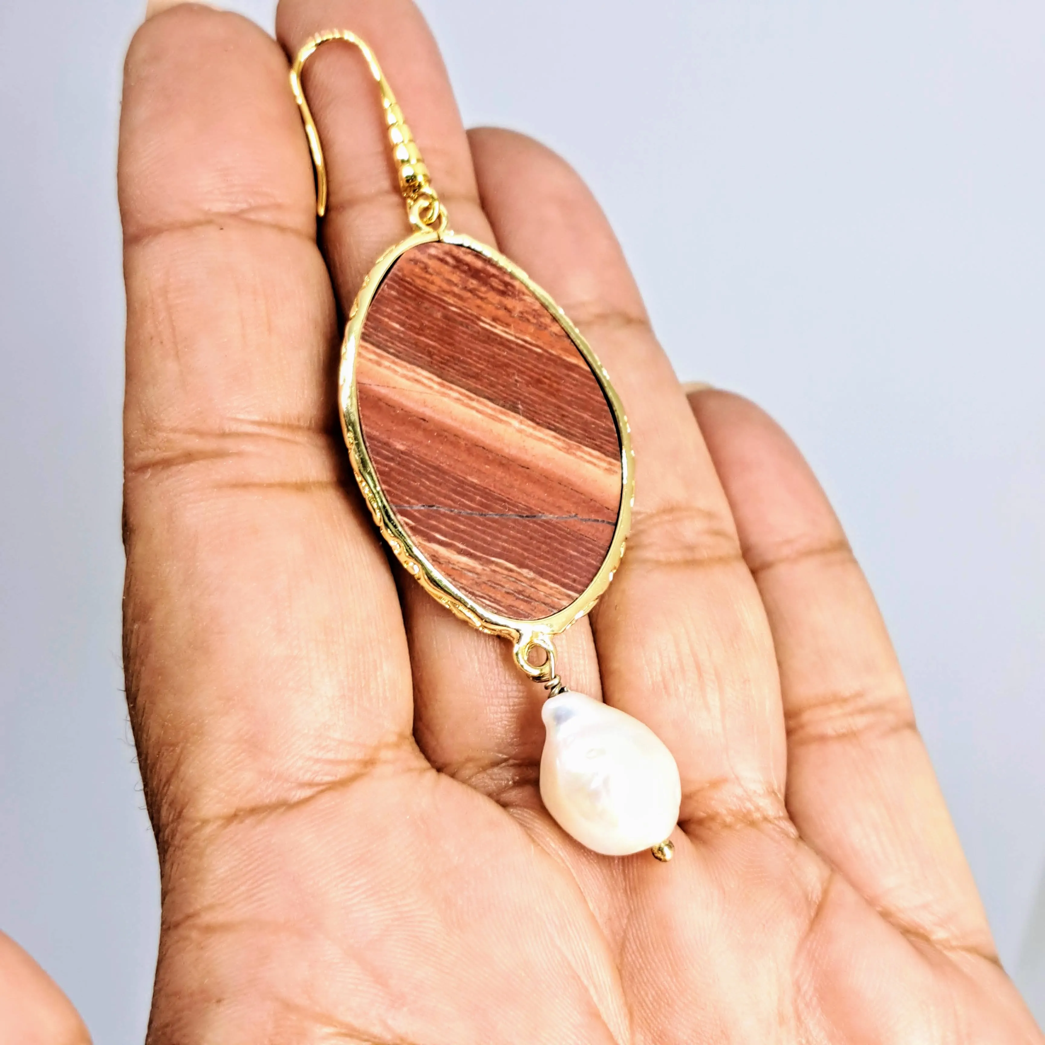 "Brick- House" 3.25" Earrings - Red Jasper, Baroque Pearls, Gold Filled