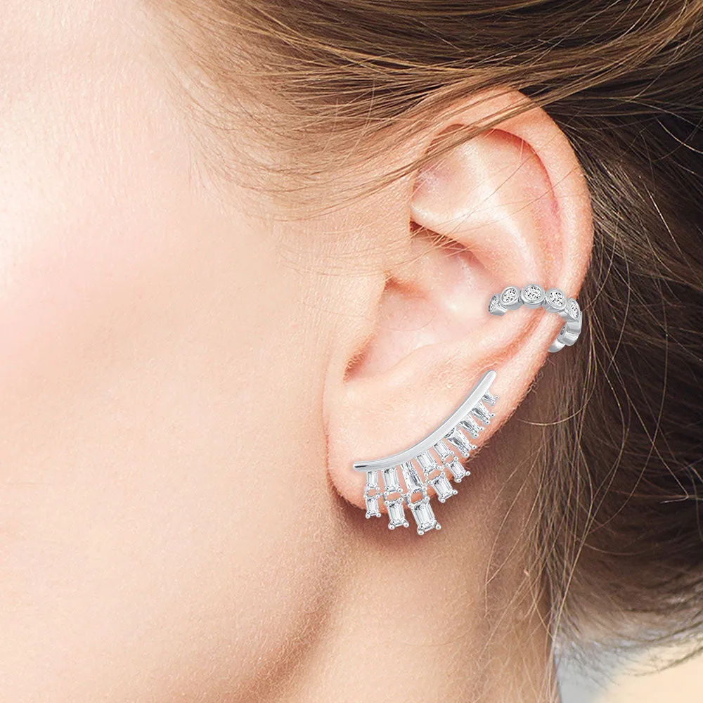 "Glam Reveal" 3.5CTW Baguette Cut Stones Climber Earrings - Silver