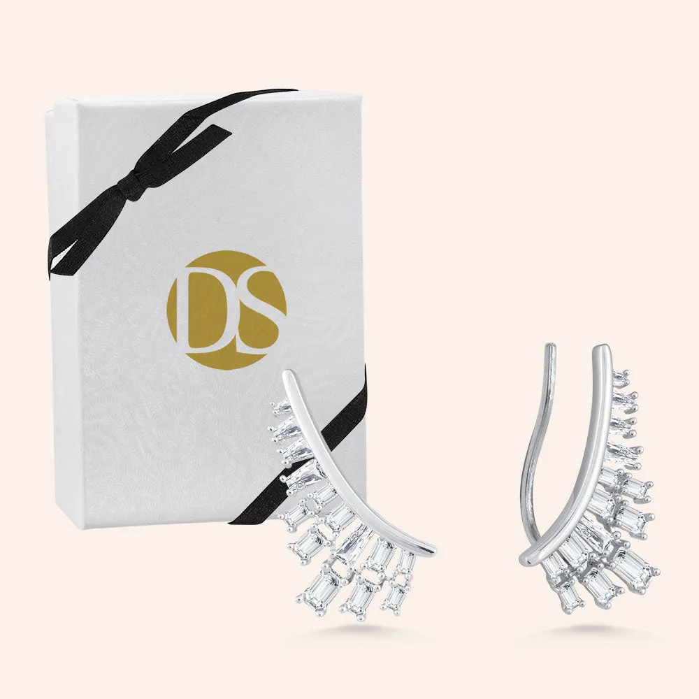 "Glam Reveal" 3.5CTW Baguette Cut Stones Climber Earrings - Silver